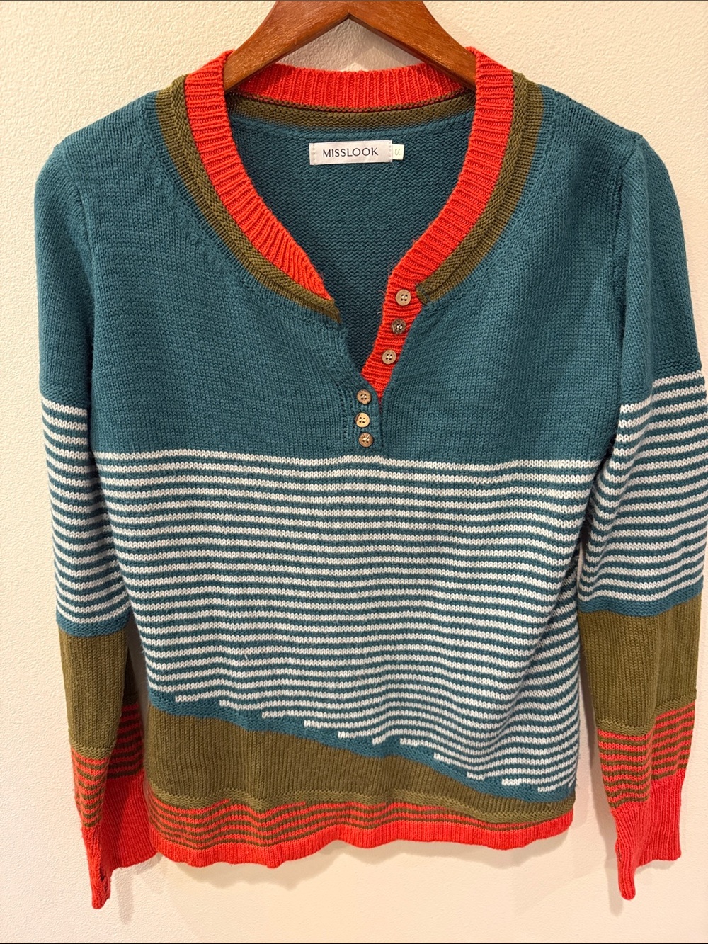 Vintage MISSLOOK Teal Striped V-Neck Sweater with Red and Olive Trim